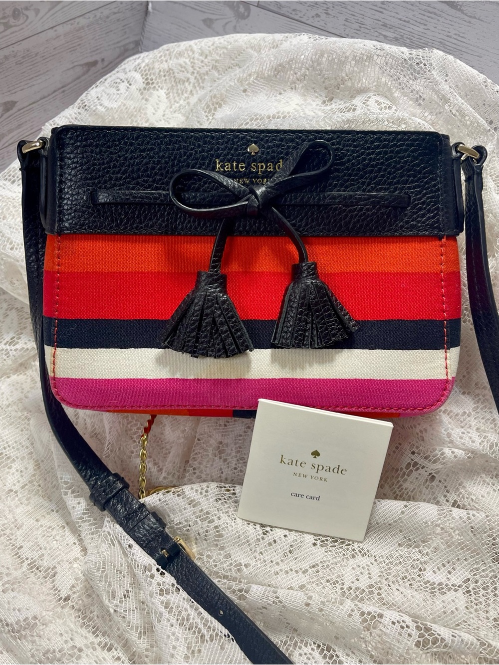 NWT Kate Spade NY Hayes black leather small canvas leather crossbody strips - Picture 6 of 11
